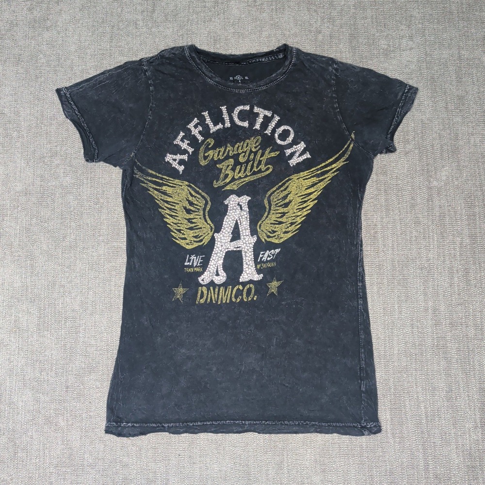 Affliction Womens Garage Built Rhinestone Winged Graphic T-Shirt Black Size M